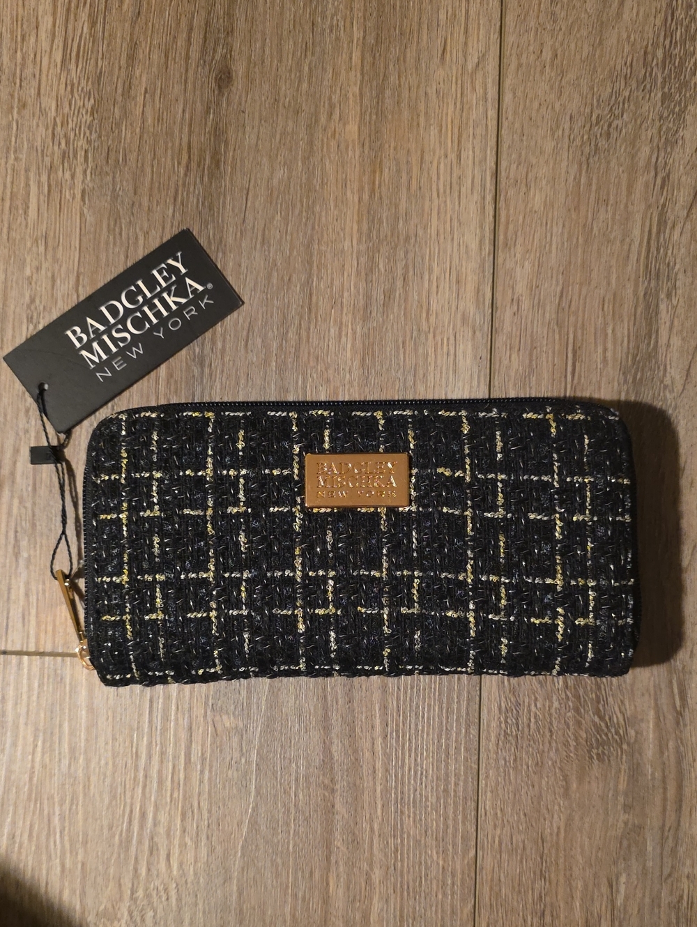Badgley Mischka Black Tweed Zip Wallet with Gold Plaque